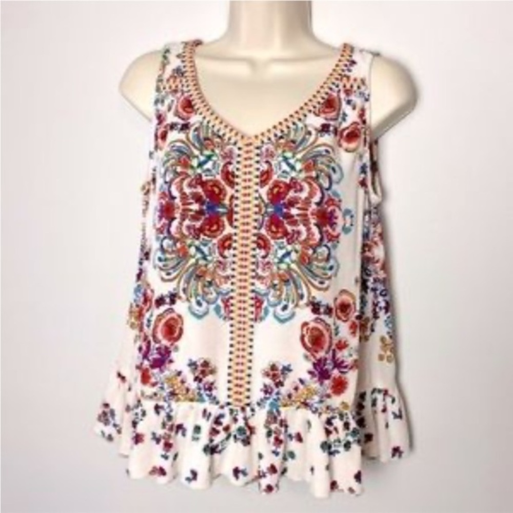 Bila Boho Hippie Floral Multicolor Paisley Top Shirt White Red Pink Blue Large